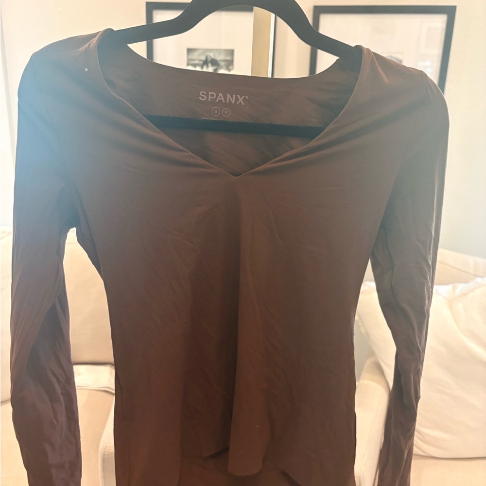 SPANX Brown Long-Sleeve V-Neck Tee